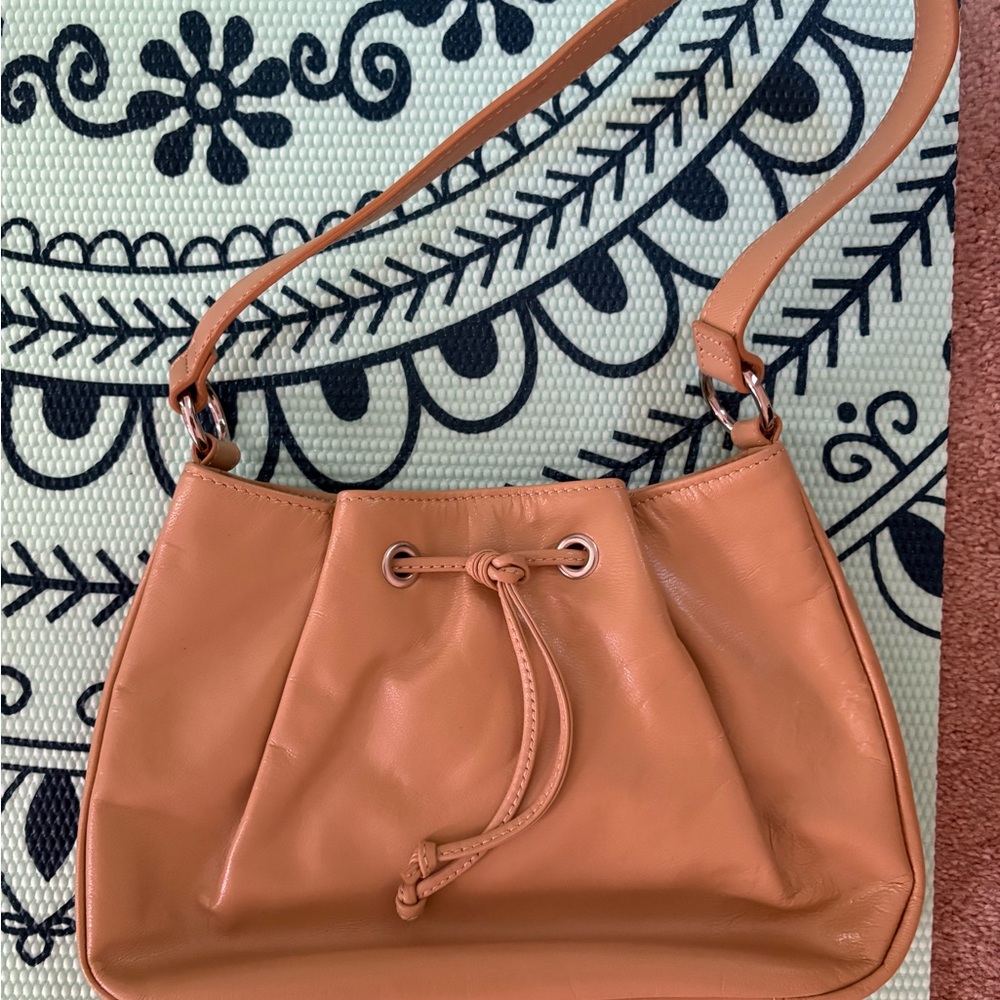 Nine West Tan Leather Shoulder Bag with Drawstring Closure